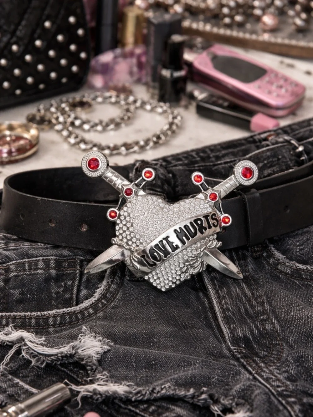 Y2K Rhinestone Heart & Dagger “Love Hurts” Belt Black Emo Punk Goth